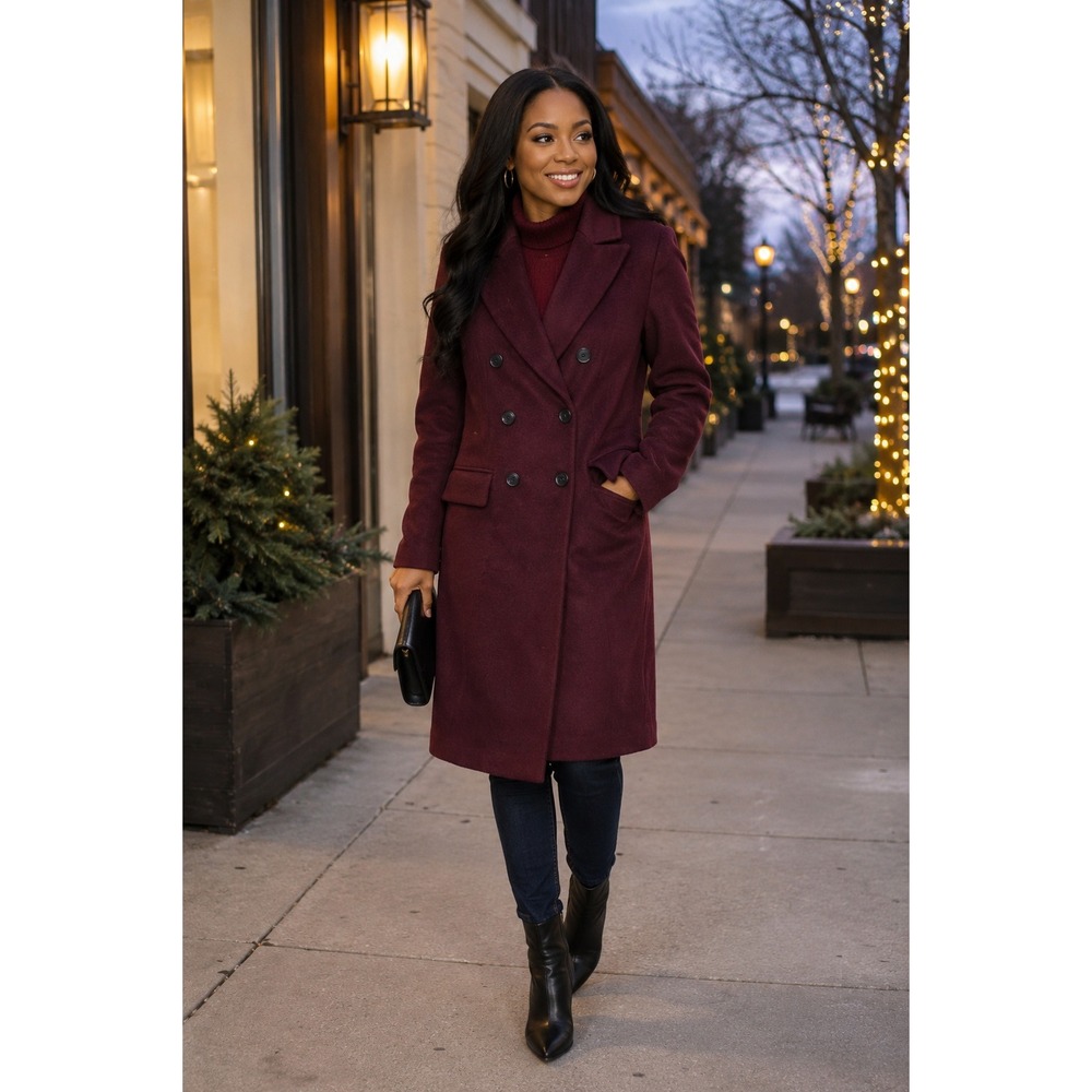 Club Monaco Women's Wool Blend Double Breasted Jemma Coat Burgundy XS NWT